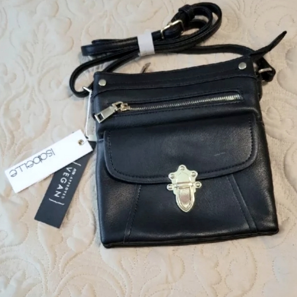 Isabelle Black Vegan Leather Convertible Crossbody Purse Zipperd Snap